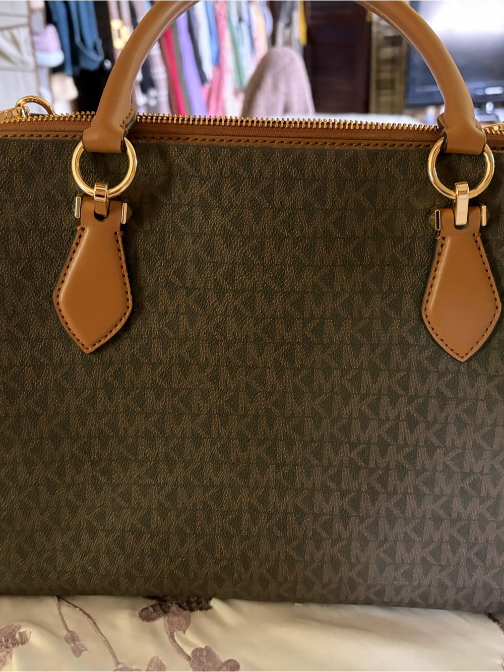 Michael Kors Brown Monogram Satchel with Tan Handles